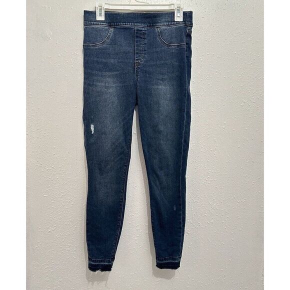 Spanx Jeggings Women’s Medium Distressed Raw Hem Pull On Skinny Leg Blue Jeans - Picture 1 of 11